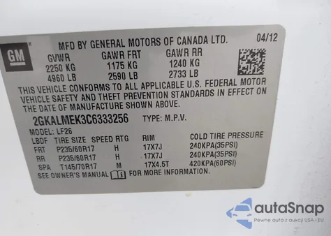 2012 GMC Terrain Sle-1 from USA, damaged, VIN 2GKALMEK3C6333256